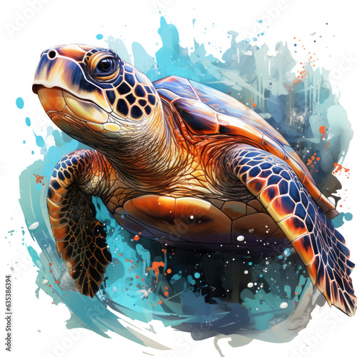 A watercolor turtle T-shirt design portraying a moment of cosmic exploration as the turtle drifts through, Generative Ai