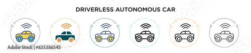 Driverless autonomous car icon in filled, thin line, outline and stroke style. Vector illustration of two colored and black driverless autonomous car vector icons designs can be used for mobile, ui,