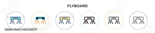 Flyboard icon in filled, thin line, outline and stroke style. Vector illustration of two colored and black flyboard vector icons designs can be used for mobile, ui, web photo