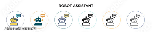 Robot assistant icon in filled, thin line, outline and stroke style. Vector illustration of two colored and black robot assistant vector icons designs can be used for mobile, ui, web