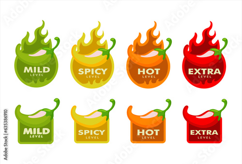 spicy level label sticker of pepper with fire flame photo