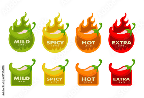 spicy level label sticker of pepper with fire flame