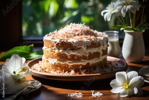 Whole coconut cake on tplate photo