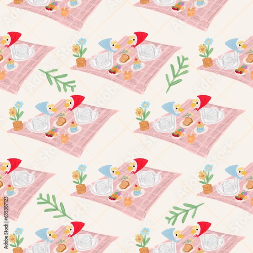 Seamless. Hand drawn oil painting. White ducklings having a picnic in the park. Along with bakeries, flower vases, designs for fabric printing, tablecloths, bedding sets, clothes, and more.