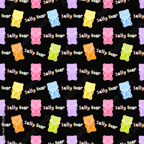 Colorful jelly bear seamless pattern on black background for fabric, background, fashion clothes, bags, blankets, bed sheets or other designs.