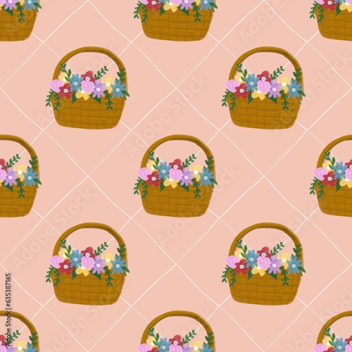 Cute Floral Seamless Repeating Pattern with baskets and colorful flowers