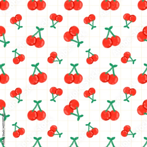 Seamless juicy red cherries pattern Hand drawn 