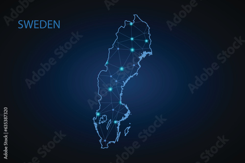 Map of Sweden. Wire frame 3D mesh polygonal network line, design sphere, dot and structure. communications map of Sweden. Vector Illustration EPS10.