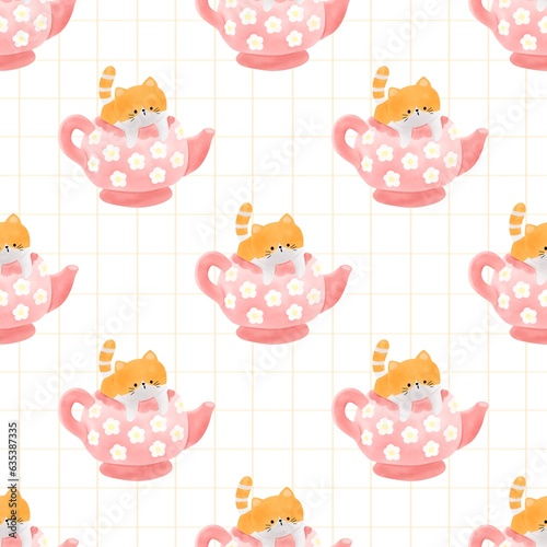 Seamless cat in pink kettle on a white background and checkered pattern