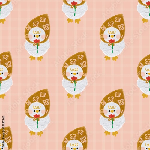 little cute duck seamless pattern holding flowers. Cartoon hand drawn
