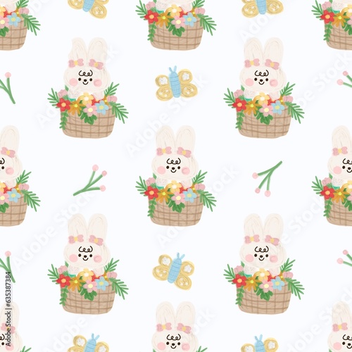 Hand draw cute easter baby bunny. Rabbit cartoon animal seamless pattern with flower basket white background