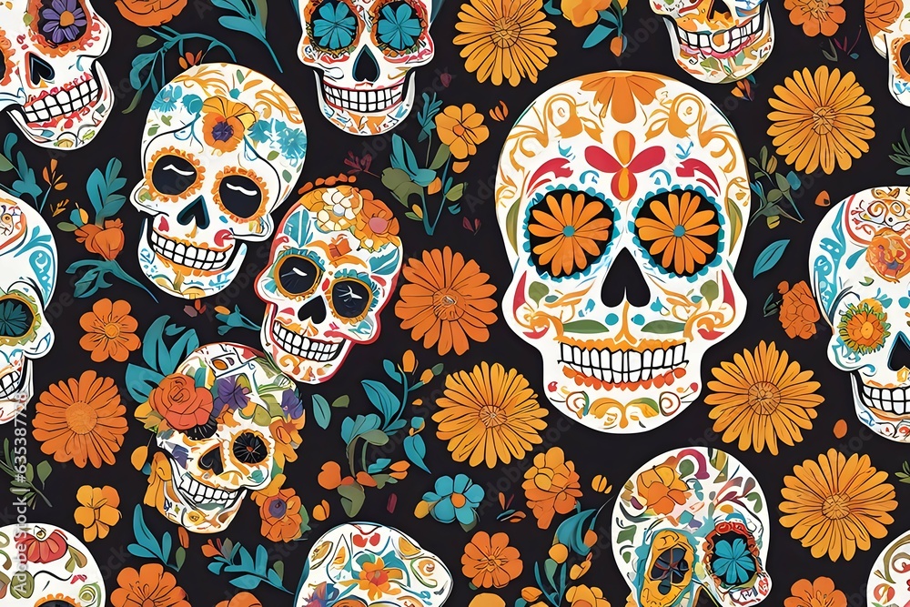 Dia de los Muertos: Intricate Sugar Skull Illustration Celebrating Vibrant Colors and Festive Spirit