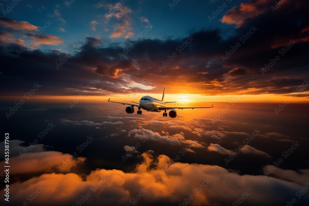 Airplane on sky with drone shot, sunset time, Generate with Ai Airplane on sky with drone shot, sunset time, Generate with Ai