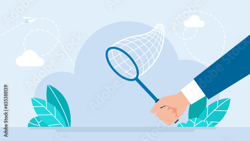 Hand with a butterfly net. Net for catching butterflies with a handle. The concept of business search, concentration, and perseverance. Businessman. Flat design. Vector illustration 