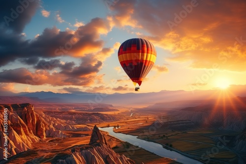 Hot air balloons in Cappadocia, Turkey, wide shot, sunset. generative with ai. © Prathankarnpap