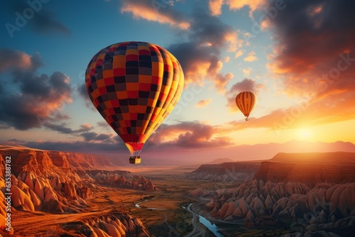 Hot air balloons in Cappadocia, Turkey, wide shot, sunset. generative with ai.