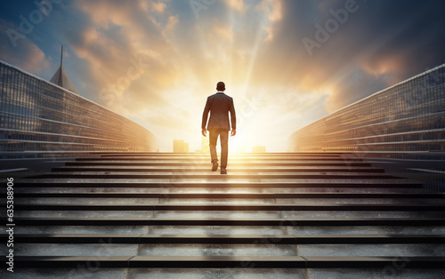Ambitious business man climbing stairs to success
