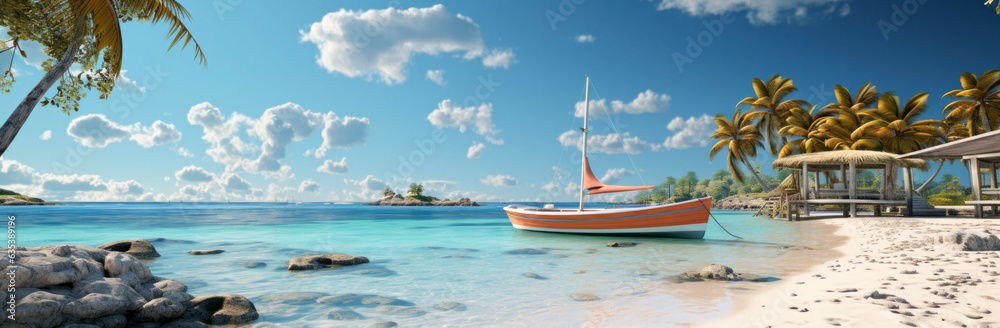 Vacation in pastel tones on a caribic beach with best weather, sunny day, blue sky and extremely relaxing feeling, 3D graphic, AI-generated