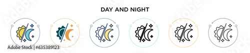 Day and night icon in filled, thin line, outline and stroke style. Vector illustration of two colored and black day and night vector icons designs can be used for mobile, ui, web