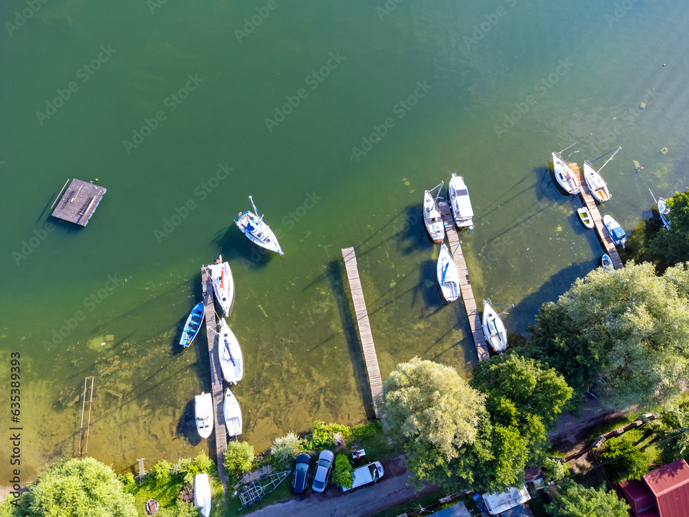 Aerial view landscape, view of boats on a lake in Poland