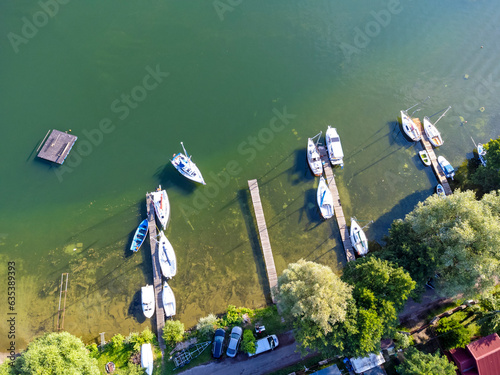 Obraz na płótnie Aerial view landscape, view of boats on a lake in Poland w salonie