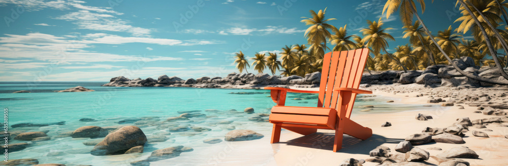 Beach chairs on the beach, vacation in pastel tones on a caribic beach with best weather, blue sky and extremely relaxing feeling, 3D graphic, AI-generated