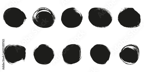 Brush Collection in Round Shape. Swirl Graphic Element. Circle Black Grunge Frame Set. Abstract Design of Watercolor Ink Paint. Isolated Vector Illustration