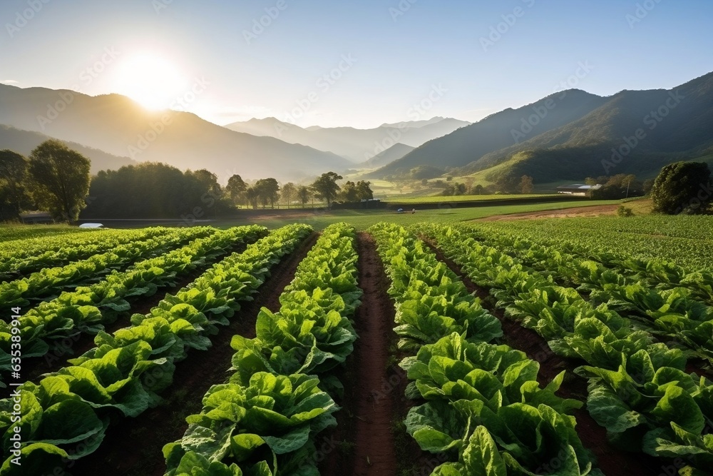 An expansive organic lettuce field thriving in the sunlight, Generative Ai - obrazy, fototapety, plakaty 