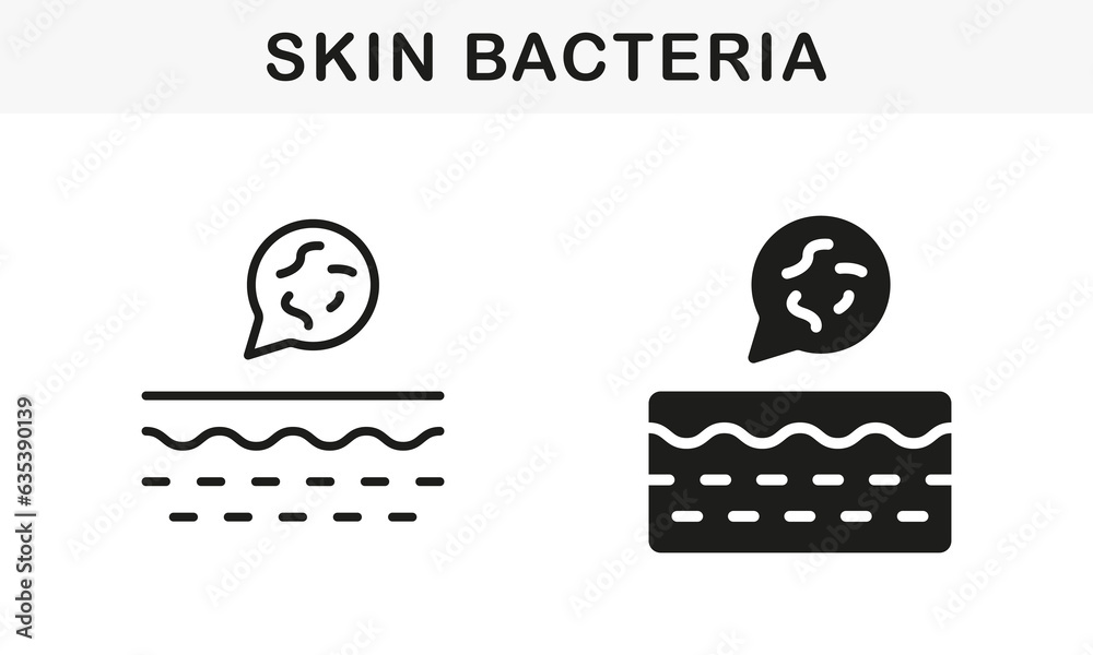 Skin Layer with Microbes Flora Pictogram. Bacteria on Skin Line and Silhouette Black Icon Set. Microorganisms on Structure of Human Dermis Symbol Collection. Isolated Vector Illustration Skin Layer with Microbes Flora Pictogram. Bacteria on Skin Line and Silhouette Black Icon Set. Microorganisms on Structure of Human Dermis Symbol Collection. Isolated Vector Illustration