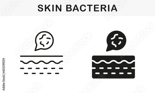 Skin Layer with Microbes Flora Pictogram. Bacteria on Skin Line and Silhouette Black Icon Set. Microorganisms on Structure of Human Dermis Symbol Collection. Isolated Vector Illustration