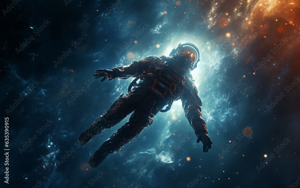 An astronaut swimming through a nebula in space + space, astronaut, dreamlike, symbolism