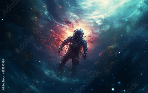 An astronaut swimming through a nebula in space + space, astronaut, dreamlike, symbolism