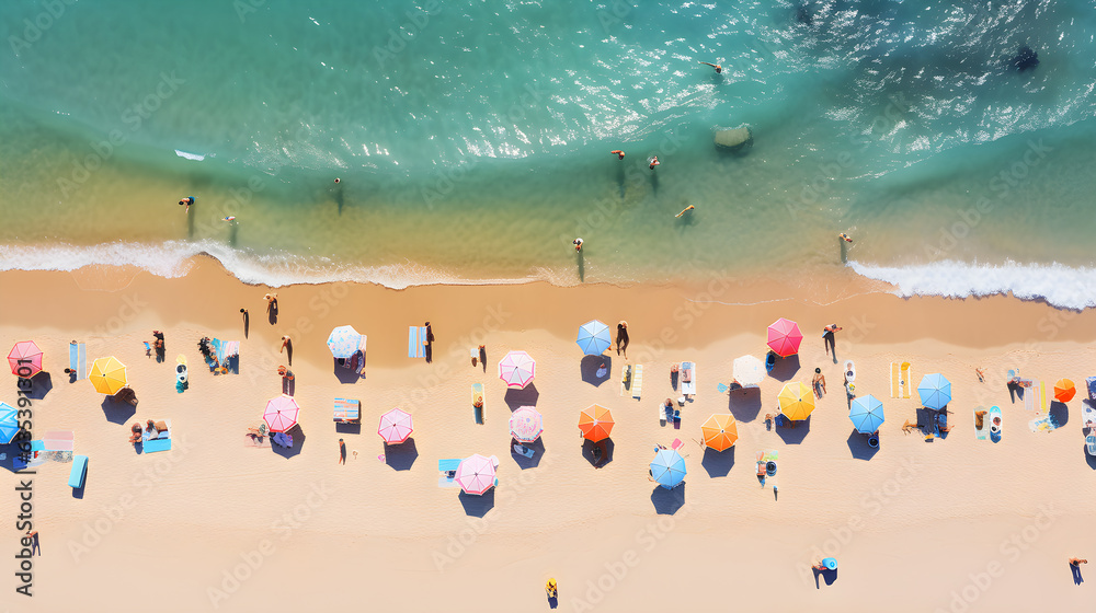 Top view, seascape view wind wave midday blue sky sea sandy beach orange umbrella Summer concept, cartoon with relaxing Crowd on the beach, Generative AI