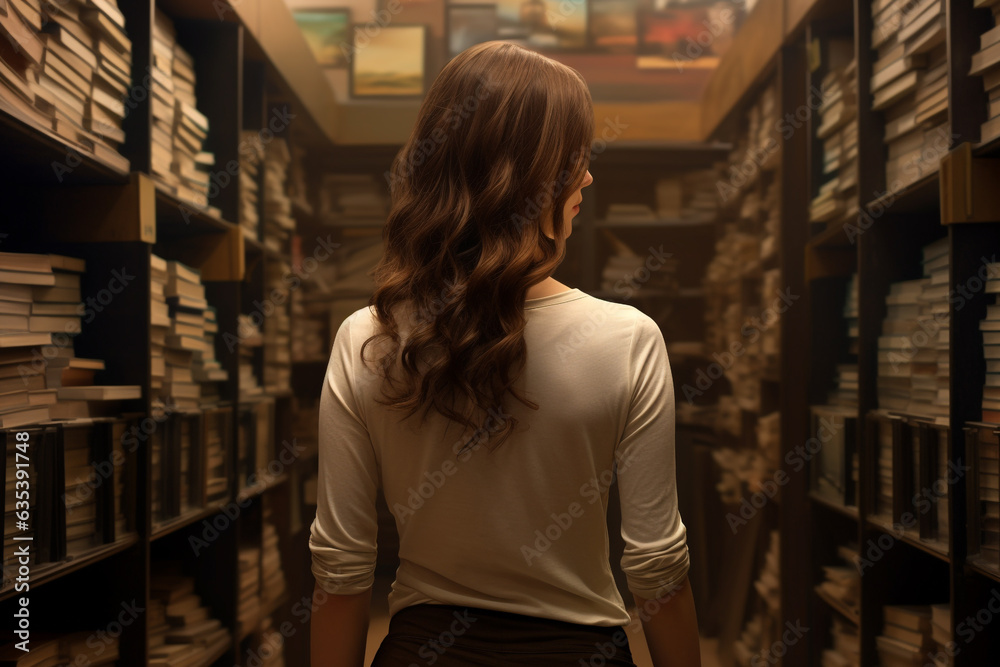 illustration of a woman in library. Created with Generative AI illustration of a woman in library. Created with Generative AI