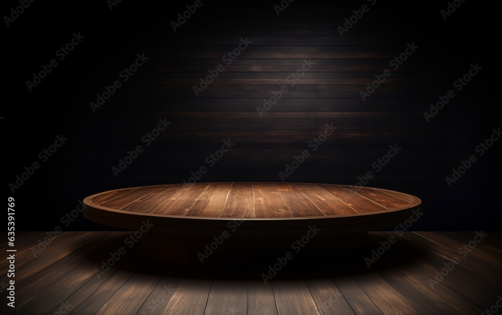 An empty wooden table for presentation with a dark background and isolated recessed lighting
