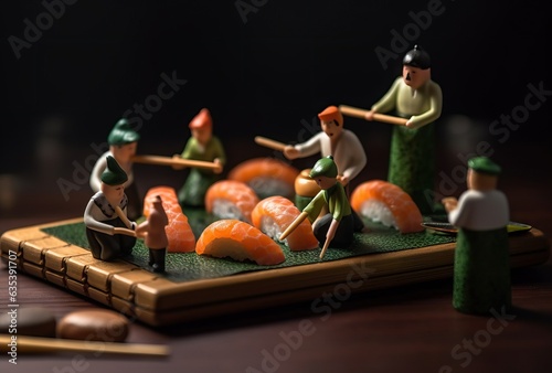 Miniature people cooking sushi rolls on wooden sticks. Gourmet Japanese food concept.