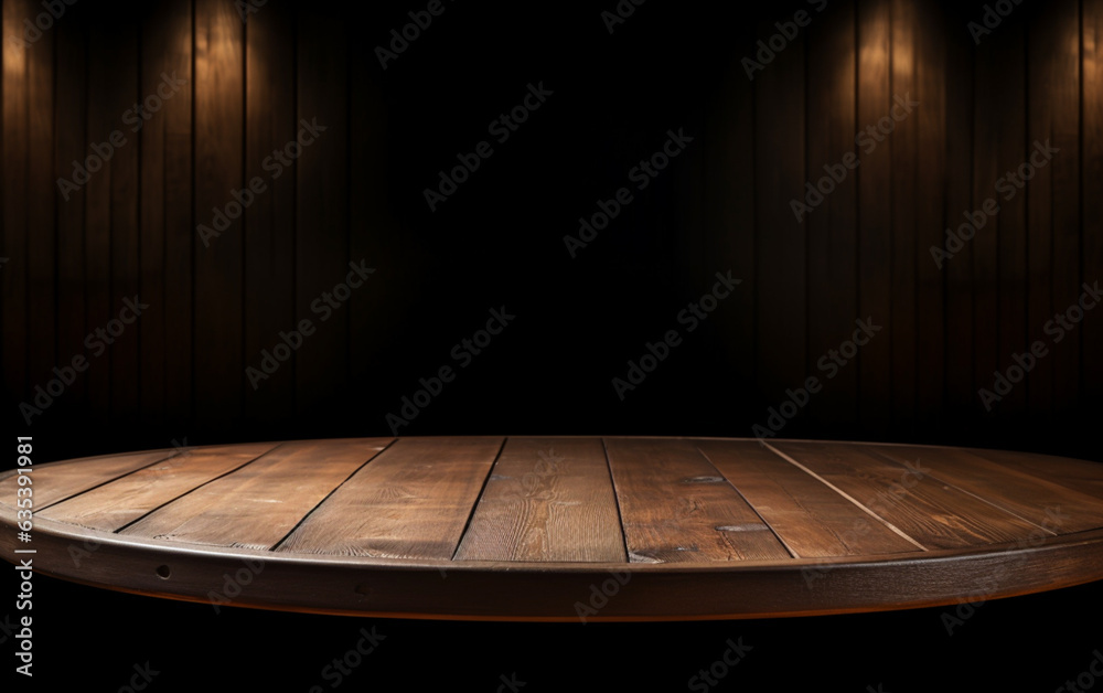 An empty wooden table for presentation with a dark background and isolated recessed lighting An empty wooden table for presentation with a dark background and isolated recessed lighting