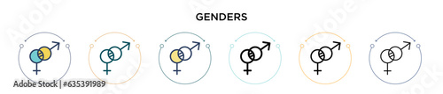Genders icon in filled, thin line, outline and stroke style. Vector illustration of two colored and black genders vector icons designs can be used for mobile, ui, web