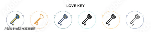 Love key icon in filled, thin line, outline and stroke style. Vector illustration of two colored and black love key vector icons designs can be used for mobile, ui, web