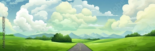 illustration of a road on a green hill with trees and clouds