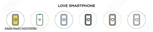 Love smartphone icon in filled, thin line, outline and stroke style. Vector illustration of two colored and black love smartphone vector icons designs can be used for mobile, ui, web
