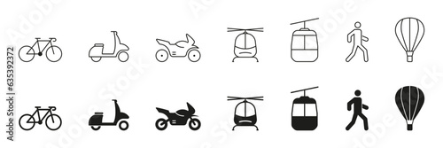 Transportation Modes Line and Silhouette Icon Set. Bike, Motorcycle, Moped, Cable Car, Pedestrian, Helicopter Pictogram. Traffic Sign Collection. Vehicle Symbols. Isolated Vector Illustration