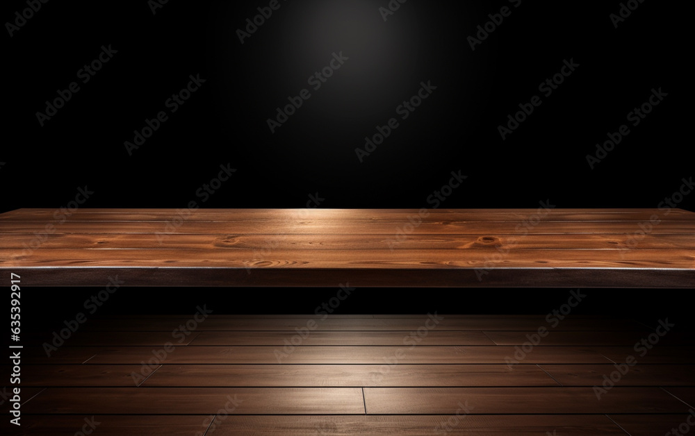 An empty wooden table for presentation with a dark background and isolated recessed lighting An empty wooden table for presentation with a dark background and isolated recessed lighting