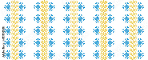 Ukrainian vector seamless fashion pattern. Decoration in blue and yellow color. Ukrainian vertical stripes fashion pattern. Pixel art, vyshyvanka, cross stitch