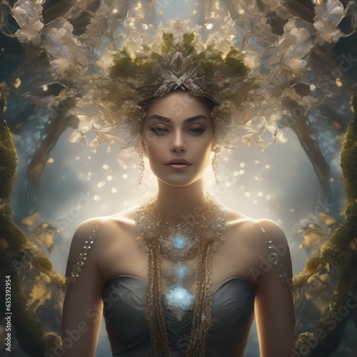 A portrait of a person with a crown of intertwined vines and crystals, symbolizing their connection to earth and spirituality2