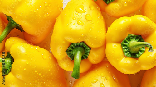 Fresh yellow bell peppers with water drops background. Vegetables backdrop. Generative AI