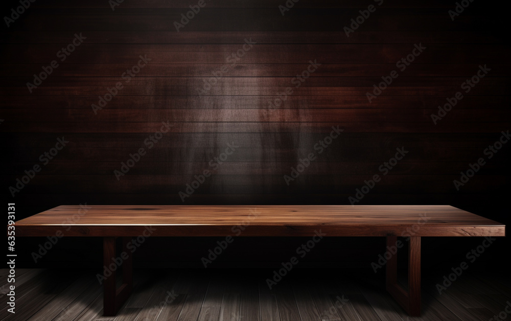 An empty wooden table for presentation with a dark background and isolated recessed lighting An empty wooden table for presentation with a dark background and isolated recessed lighting