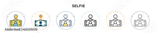 Selfie icon in filled, thin line, outline and stroke style. Vector illustration of two colored and black selfie vector icons designs can be used for mobile, ui, web