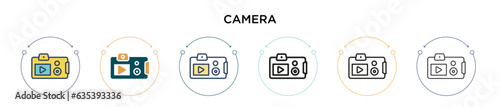 Camera icon in filled, thin line, outline and stroke style. Vector illustration of two colored and black camera vector icons designs can be used for mobile, ui, web