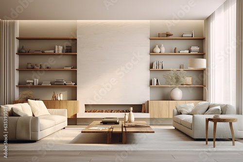 modern minimalist interior design, living room view, sofa, two armchairs, coffee table, shelving with books and clay sculptures